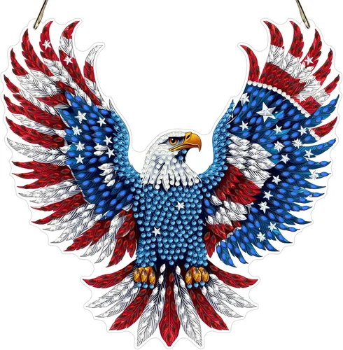 Miniatura 25 de MXJSUA Atrapasoles con pintura de diamante de águila calva americana, kits de arte de diamantes para adultos, adornos colgantes con cadena