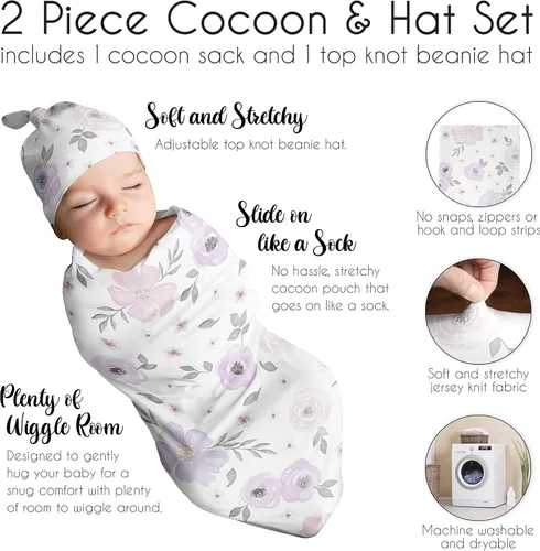 Miniatura 6 de Sweet Jojo Designs Juego de 2 gorros y capullos florales de acuarela para bebé, saco de dormir de punto elástico para bebé, recién nacido, saco