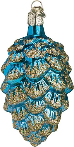 Old World Christmas Adorno soplado de cristal de pino ponderosa azul para árbol de Navidad, decoración navideña artesanal, colección Nature