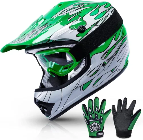 Juego de casco, lentes y guantes de motocross para jóvenes, de la marca TCMT, con diseño de llamas azules, M, Verde (Green Flame)