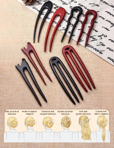 Miniatura 5 de 4 palillos de madera para moños, horquillas francesas para mujer, hechas a mano, sándalo, horquilla de madera en forma de U, palillos de madera
