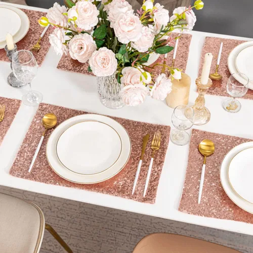 Miniatura 3 de Juego de 6 manteles individuales de Navidad para mesa de comedor, resistentes al calor, para baby shower, boda y fiesta (oro rosa, 6)