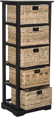 SAFAVIEH Muebles Vedette - Torre de almacenamiento de 5 cestas - Negro envejecido - Madera maciza - Diseño de torre de cesta costera - Ideal para