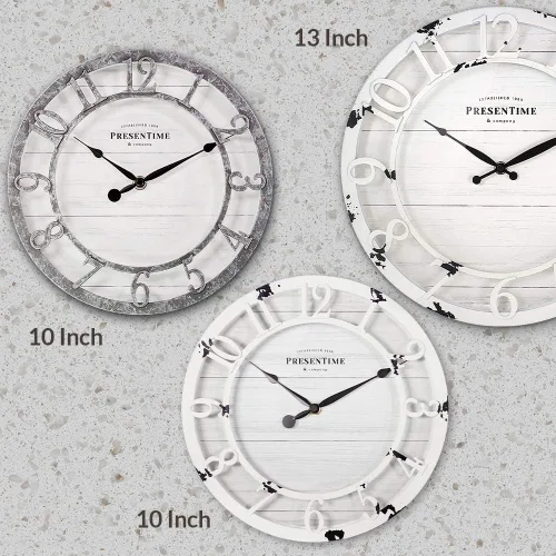 Miniatura 7 de Presentime & Co - Reloj de pared de la serie Farmhouse de 10 pulgadas, estilo Shiplap, número arábigo 3D elevado, blanco envejecido antiguo Blanco