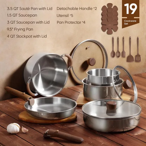 Miniatura 2 de CAROTE Juego de utensilios de cocina de acero inoxidable de 19 piezas con mango desmontable, juego de ollas y sartenes, juegos de cocina