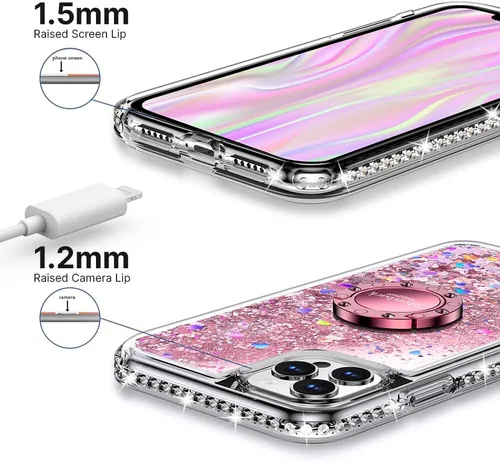 Miniatura 7 de Silverback Funda para iPhone 12, iPhone 12 Pro, funda con purpurina holográfica líquida móvil con soporte, funda protectora con soporte de anillo