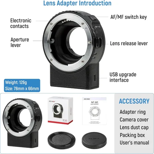 Miniatura 6 de VILTROX Adaptador de lente NF-M1, convertidor de lente de enfoque automático, adaptador de montaje de lente de cámara compatible con Nikon F-Mount