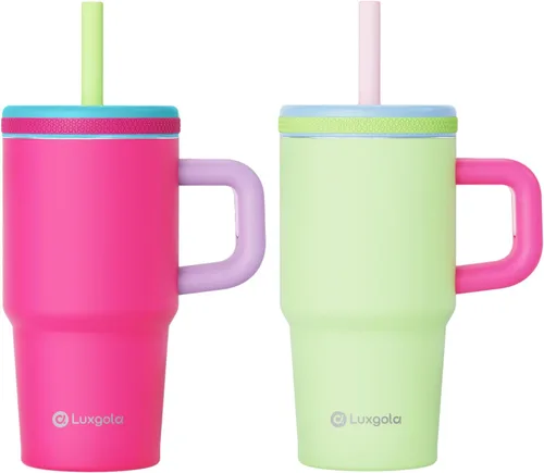 Miniatura 18 de Taza infantil de 20 oz con asa, tapa de rosca a prueba de fugas con pajita de silicona extraíble, a prueba de derrames, botella de agua reutilizable
