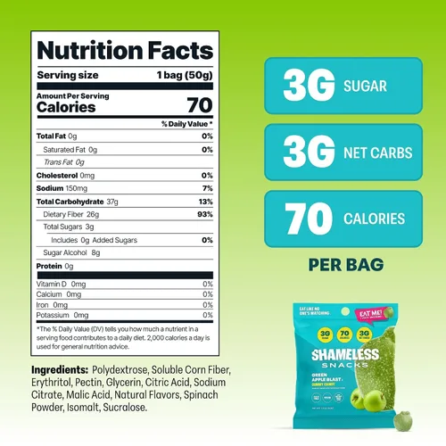 Miniatura 2 de Shameless Snacks – Snacks saludables bajos en calorías, gomitas keto bajas en carbohidratos (caramelos sin gluten) – Paquete de 6 Green Apple Blast