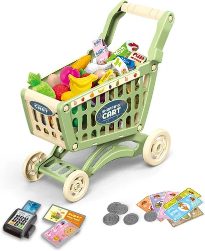 Miniatura 9 de RedCrab Carrito de compras para niños, juguete de supermercado, 54 piezas, incluye carrito de comestibles, tarjeta de crédito, frutas y verduras