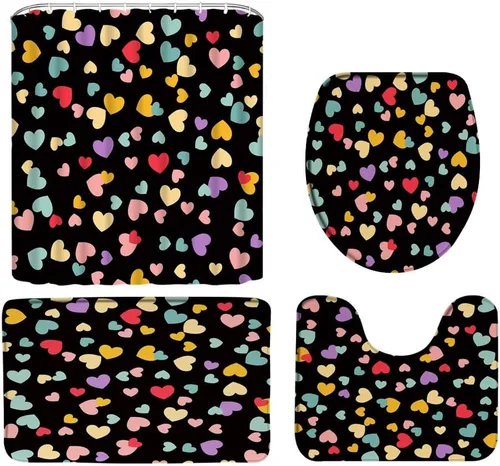 Juego de 4 cortinas de ducha de corazón colorido con alfombra para el día de San Valentín, dulce amante, corazón, retro, moda para niña, fondo