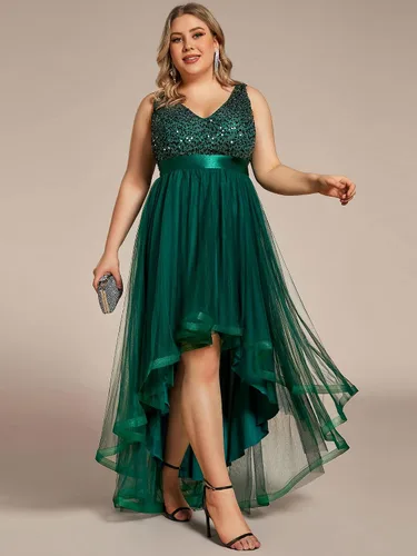 Miniatura 4 de Ever-Pretty Womens Double V Neck A Line High Low Sequin Tulle Plus Size Formal Evening Dresses 0147A-DA