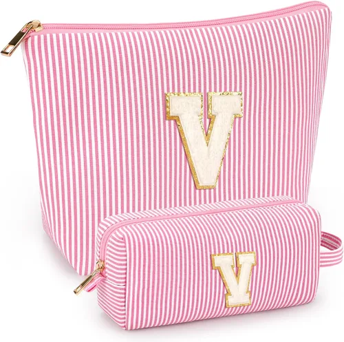 Miniatura 65 de 2 piezas de bolsas de maquillaje iniciales para mujeres: bolsa de cosméticos para viaje y artículos de tocador - Regalos de cumpleaños para niñas