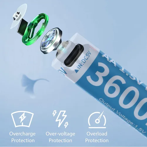 Miniatura 5 de Baterías de litio recargables AA, paquete de 4 baterías de iones de litio recargables USB-C de 1.5 V 3600 mWh con cargador USB a tipo C 4 en 1