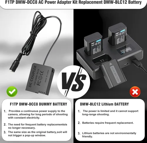 Miniatura 3 de F1TP DMW-AC10 DMW-DCC8 Adaptador de corriente de CA Batería simulada para cámaras Panasonic Lumix DMC-G5 G6 G7 GX8 G80 G81 G85 GH2 GH2K FZ200 FZ300