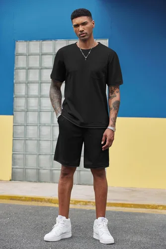Miniatura 41 de COOFANDY Conjunto de camisa y pantalones cortos de gofre para hombre, conjunto de 2 piezas, conjunto casual de verano con bolsillos