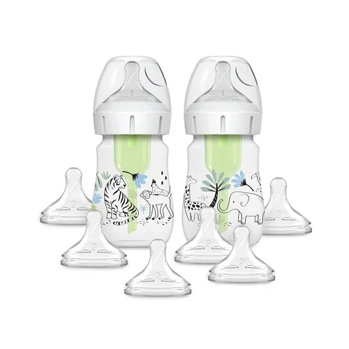 Dr. Brown's Natural Flow Anti-Colic Options+ Biberón de cuello ancho Edición Diseñador, Jungle Decos, 5 oz/5.1 fl oz, Pezón Nivel 1, paquete de 2,