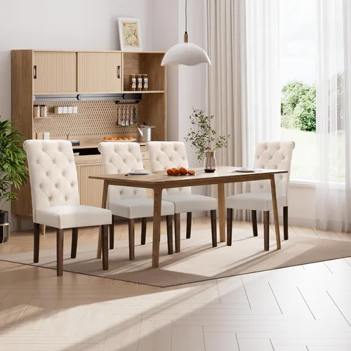 Miniatura 16 de Juego de 2 sillas de comedor, tapizadas Parsons con botones y patas de madera maciza, sillas de cocina de tela moderna para comedor, color beige