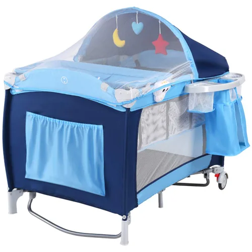 Miniatura 6 de HONEY JOY Empaca y juega con moisés, 4 en 1 portátil para bebé con cambiador, red y juguetes lindos, bolsa de almacenamiento de pañales, caja de Azul