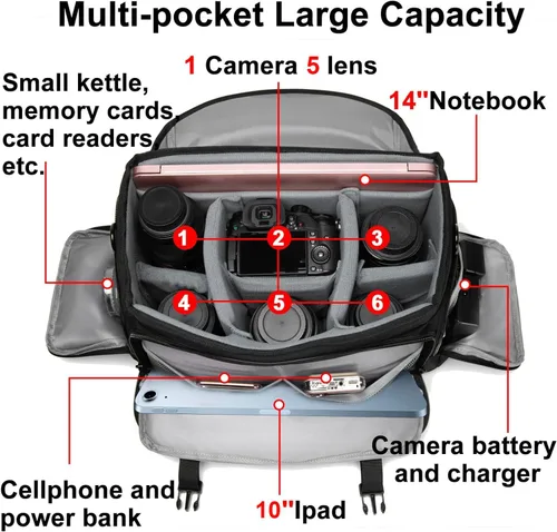 Miniatura 2 de CADeN Bolsa de hombro para cámara con soporte para trípode compatible con Nikon, Canon, Sony, cámaras DSLR SLR sin espejo impermeable (negro, grande)