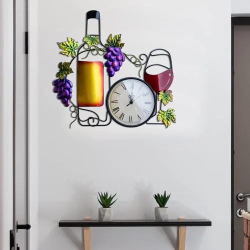 Miniatura 7 de Reloj de pared de metal para cocina, decoración artística de pared grande de 16 pulgadas, reloj decorativo con botella, vidrio, uva falsa, funciona
