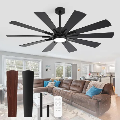 Ventiladores de techo modernos con luces, ventilador de techo negro grande de 62 pulgadas con luz y control remoto, puerta/uso al aire libre para