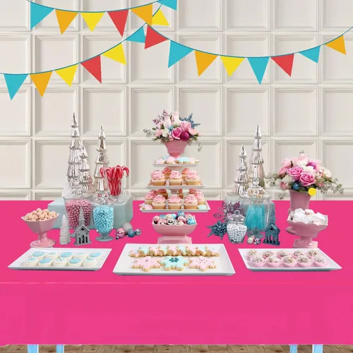 Miniatura 7 de Mantel de plástico rosa intenso, paquete de 4 fundas desechables para fiestas de niñas, baby shower, revelación de género, decoraciones