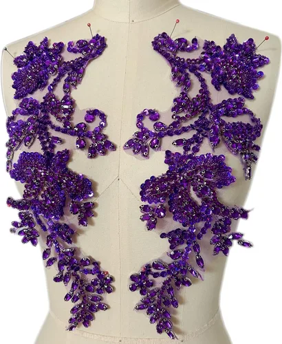 Miniatura 8 de Apliques de cuentas y diamantes de imitación hechos a mano para coser en parche de encaje de cristal, 1 par para ropa de bricolaje, vestido de Plata