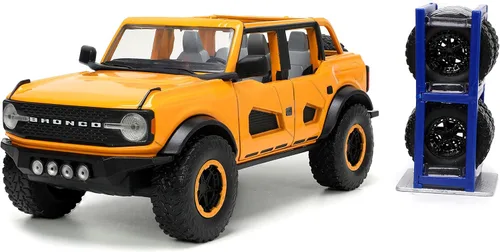 Jada Toys Just Trucks 1:24 2021 Ford Bronco - Coche fundido a presión naranja con estante para neumáticos, juguetes para niños y adultos