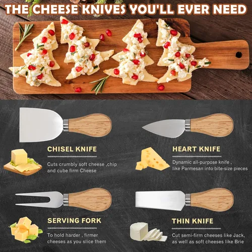 Miniatura 3 de Juego de cuchillos de queso para embutidos – 4 cuchillos de queso pequeños de acero inoxidable y tenedor con soporte magnético de madera de acacia