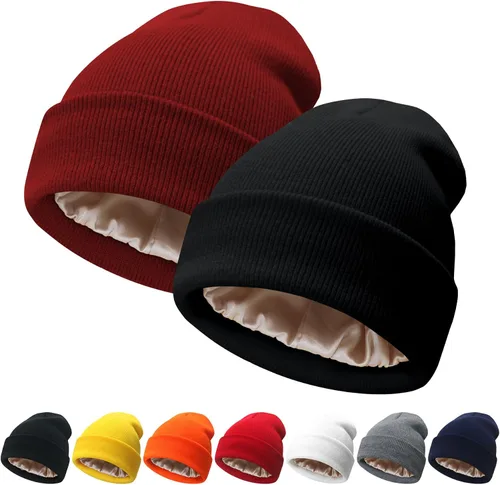 Miniatura 10 de NPQQUAN 2 PCS Satin Lined Beanie for Women Silk Lined Beanies Winter Warm Soft Lining Cuffed Knit Beanie Hats for Women