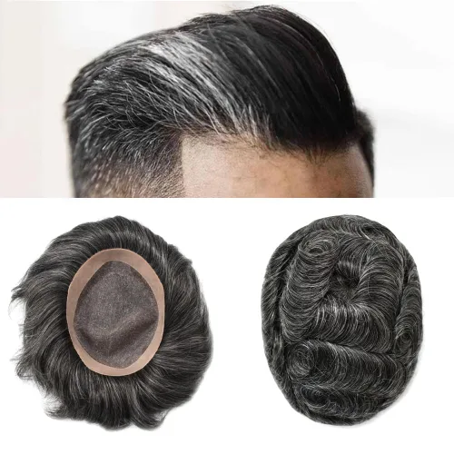 Miniatura 19 de Tupé para hombre, pieza de cabello humano real, monofilamento, tupé para hombres, postizos, unidades de sistema de reemplazo de cabello, gris