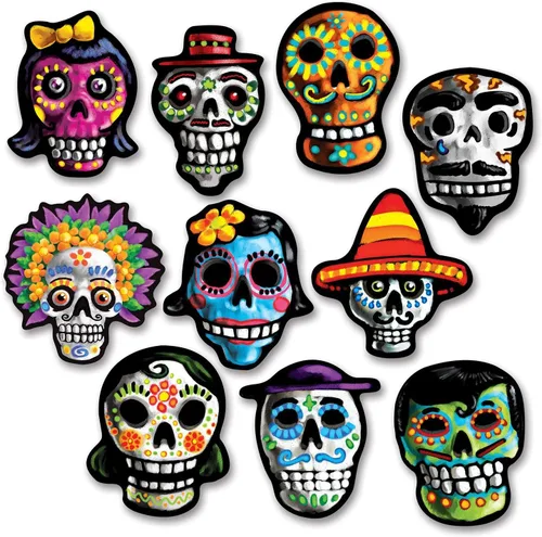 Beistle Recortes en miniatura del Día de los Muertos, juego de 10 decoraciones coloridas de fiesta del Día de los Muertos con diseño de calavera de