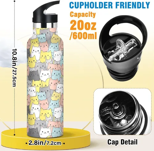 Miniatura 2 de Kids Water Bottle for School Leakproof Kids Insulated Water Bottle 20oz, BPA-Free, Cute Cats Colorful