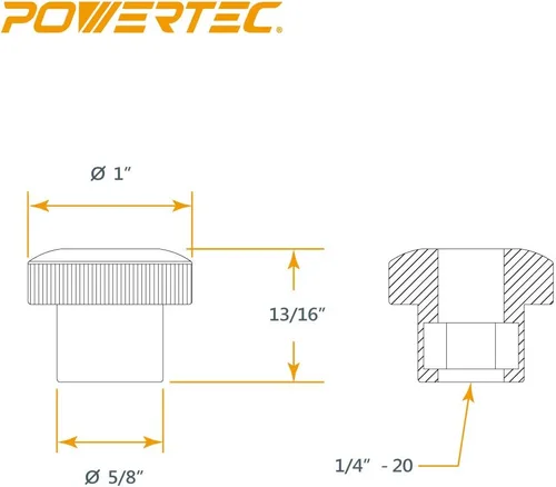 Miniatura 3 de POWERTEC Paquete de 10 Perillas Redondas de 1/4"-20, Perillas de Sujeción Roscadas para Riel en T y Accesorios de Sierra de Mesa, Tablero Guía