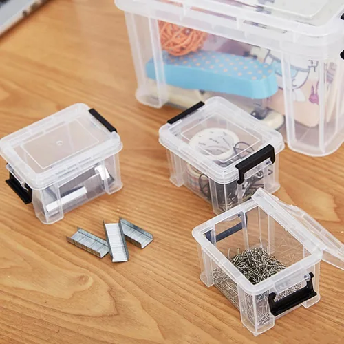 Miniatura 9 de Zerodeko Mini cajas de almacenamiento transparentes con asas, paquete de 5 recipientes pequeños transparentes para la oficina en casa, organización