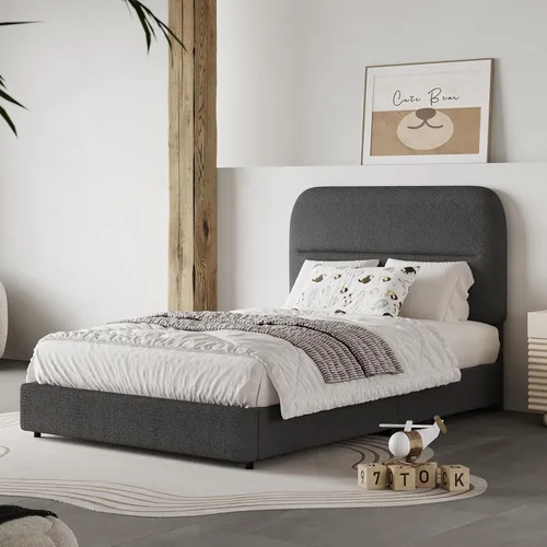 Miniatura 17 de HOMBCK - Base de cama tapizada de tejido bouclé con cabecera suave con diseño de esquinas redondeadas, listones de madera, no requiere somier, fácil