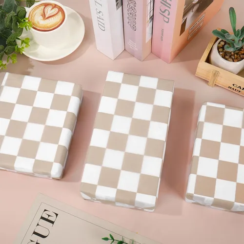 Miniatura 4 de Whaline 100 hojas de papel de seda a cuadros, papel de regalo de tablero de ajedrez beige y blanco, papel decorativo para cumpleaños, baby shower