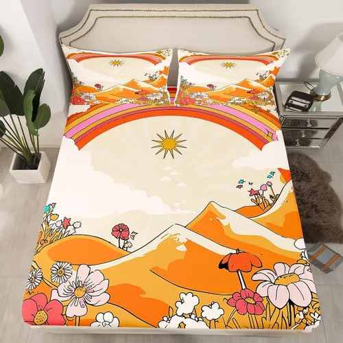 Miniatura 22 de Juego de sábanas ajustadas estilo 70s hippie retro para cama individual, juego vintage de otoño con hojas florales para niños y niños, juego de ropa