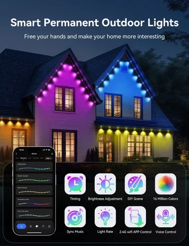 Miniatura 6 de Luces permanentes para exteriores, 200 pies inteligentes IC+RGB luces de Navidad para exteriores con 144 LED, IP67 impermeable LED aleros