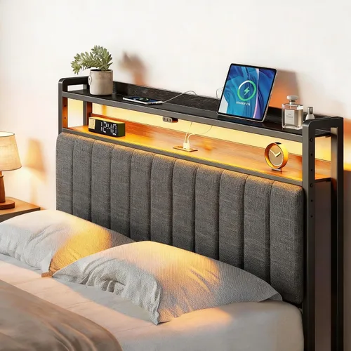 Rolanstar Cabecero para cama de tamaño matrimonial con almacenamiento, tablero principal con puerto USB y tipo C, 60,000 colores de luz LED,