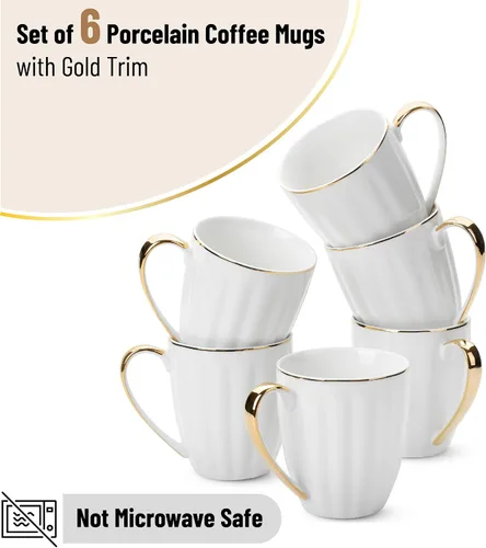 Miniatura 2 de BTaT - Juego de 6 tazas de café blancas (12 onzas), juego de tazas de café blancas de porcelana con diseño de ribete dorado, regalos de Navidad
