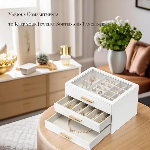 Miniatura 5 de Vlando - Joyero con 3 cajones y tapa de vidrio, organizador de cuero sintético para anillos, aretes, collares y más, estuche de joyería listo