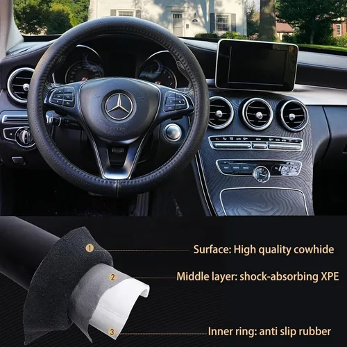 Miniatura 2 de Funda negra de cuero genuino para volante de automóvil para hombres y mujeres, funda de volante de piel de vaca, suave, transpirable