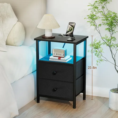 Miniatura 3 de LOAKEKEL Mesita de noche LED con estación de carga, mesita de noche pequeña con puertos USB y tomas, 2 cajones de almacenamiento de tela con acabado