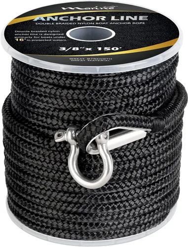 Miniatura 2 de MARINE SYSTEM Made - Cuerda de anclaje de nailon de 3/8 pulgadas, 100 pies, 150 pies, color negro y gris, cuerda de anclaje doble trenzada con dedal