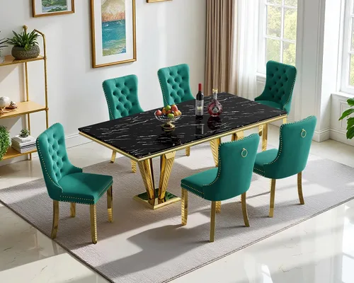 Miniatura 33 de Henf Juego de mesa de comedor de mármol sintético de 68 pulgadas para 6, juego de mesa de comedor de 7 piezas con 6 sillas copetudas de terciopelo