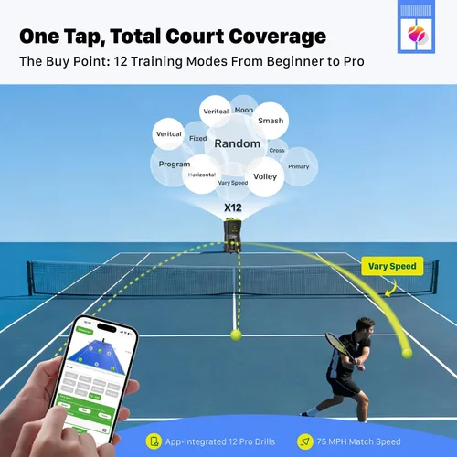 Miniatura 2 de Máquina de pelotas de tenis PT-Smart: control de aplicación con 12 modos de entrenamiento incorporados, giro de 6 niveles, 28-Pt, 75 MPH, 32.6