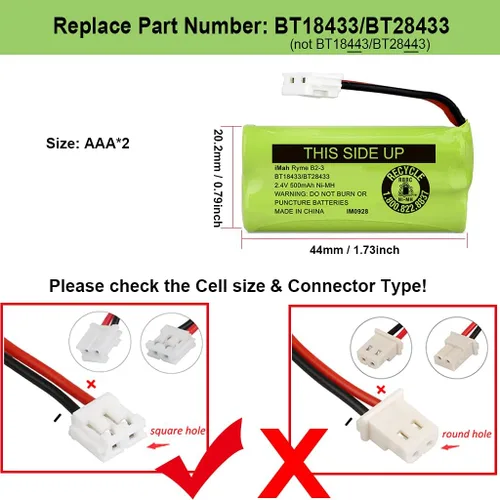 Miniatura 2 de iMah BT18433/BT28433 2.4V 500mAh Ni-MH batería inalámbrica para teléfono, también compatible con AT&T BT184342/BT284342 BT8300 BT1011 BT1018 BT1022