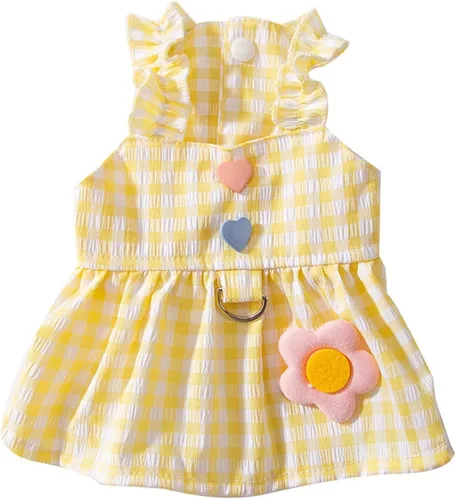 Miniatura 7 de Vestido para perro con manga abombada, amarillo limón, girasol, piña, a cuadros, ropa de verano para perros pequeños y niñas